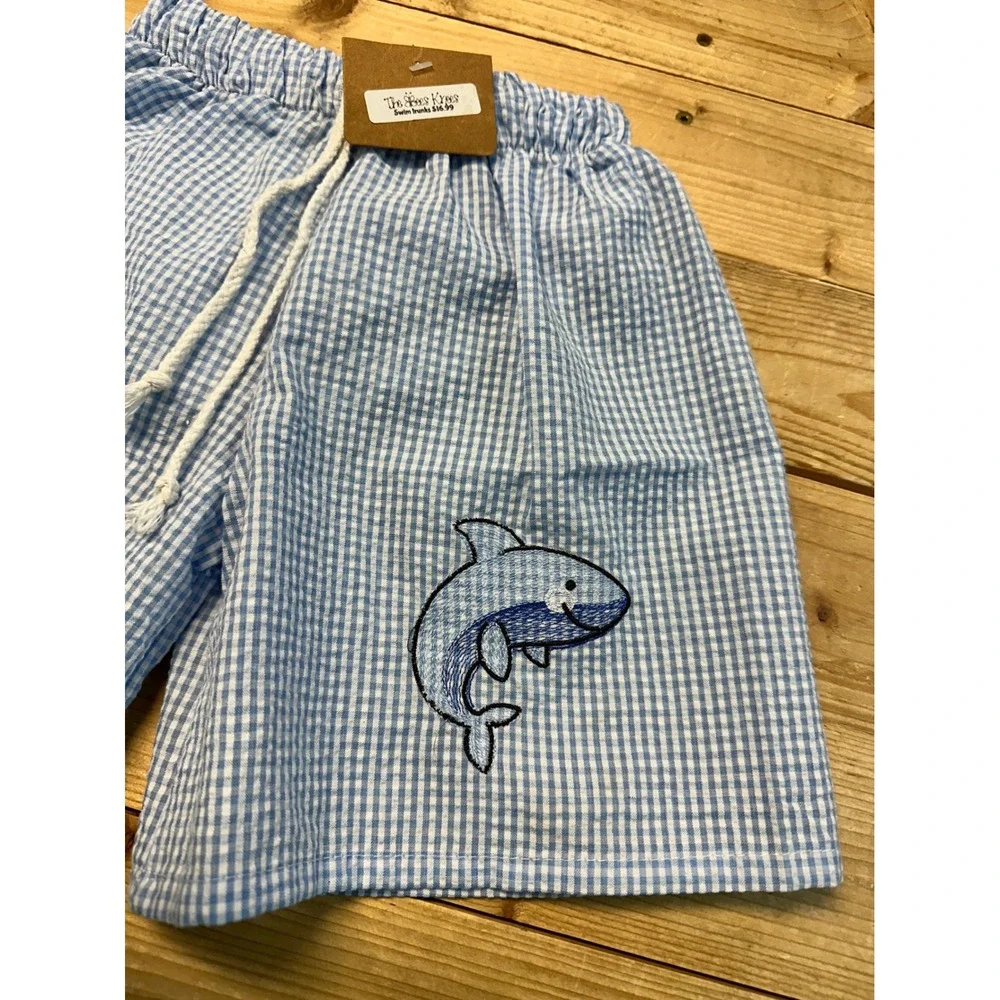 Boys‎ Gingham Seersucker Shorts Swim Trunks with Shark Embroidery Kids Size 4/5T
